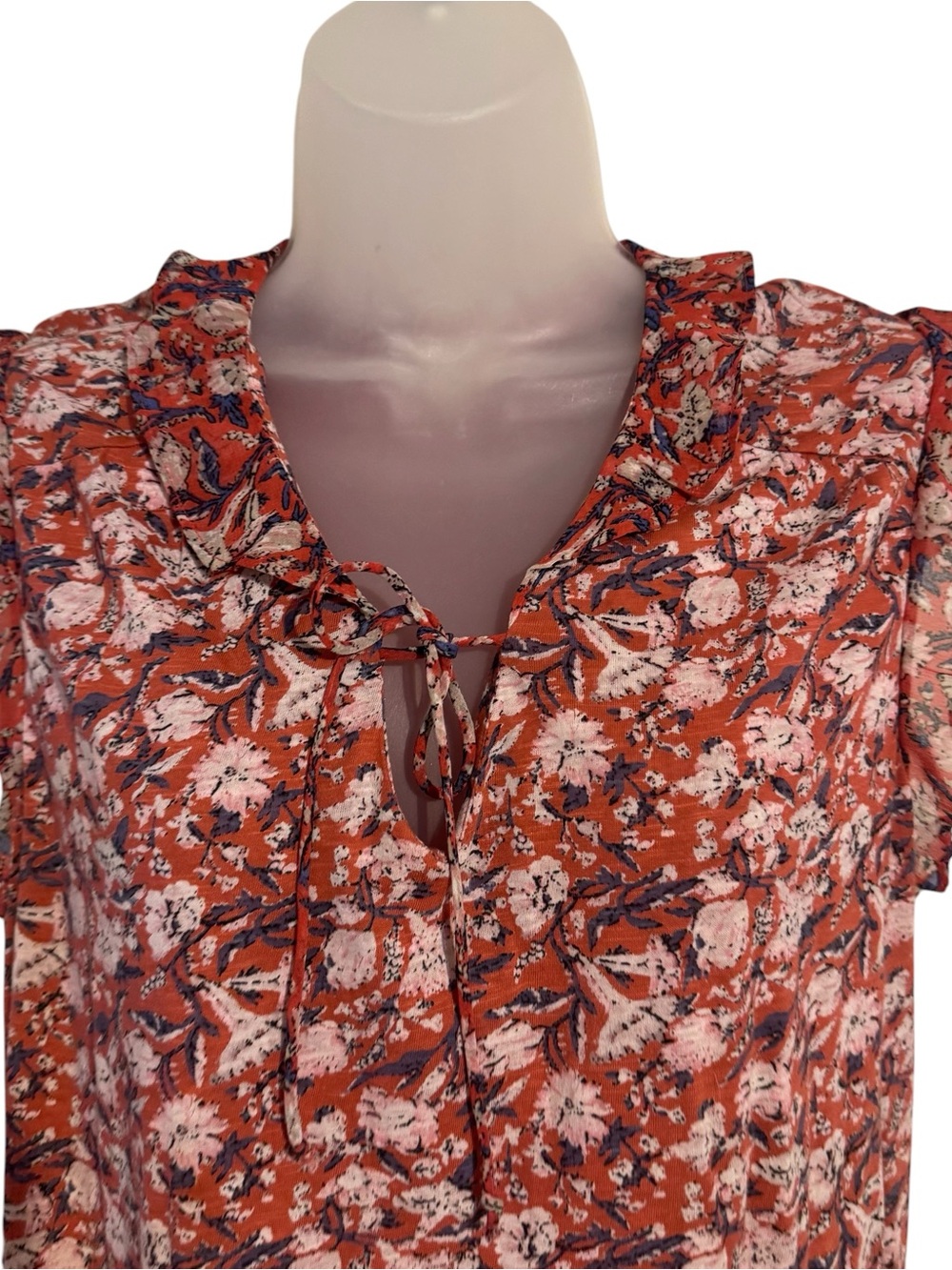 Lucky Brand Rust Floral Tie-Neck Ruffle Cap Sleeve Top MEDIUM  #Y - Picture 2 of 8